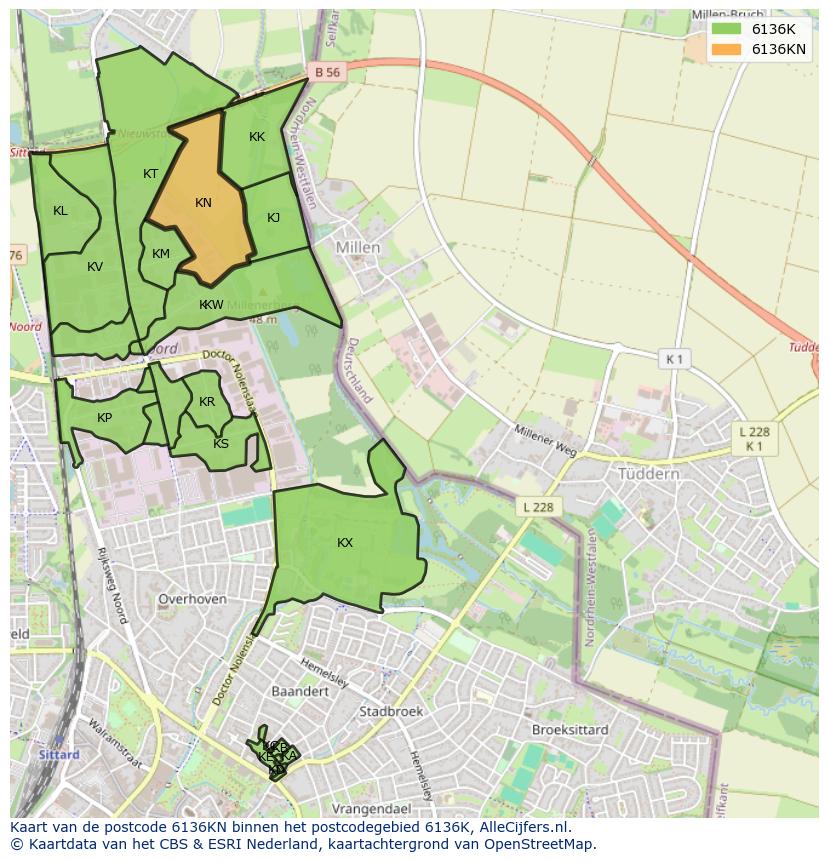 Afbeelding van het postcodegebied 6136 KN op de kaart.