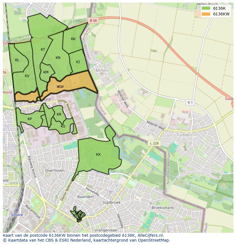 Afbeelding van het postcodegebied 6136 KW op de kaart.