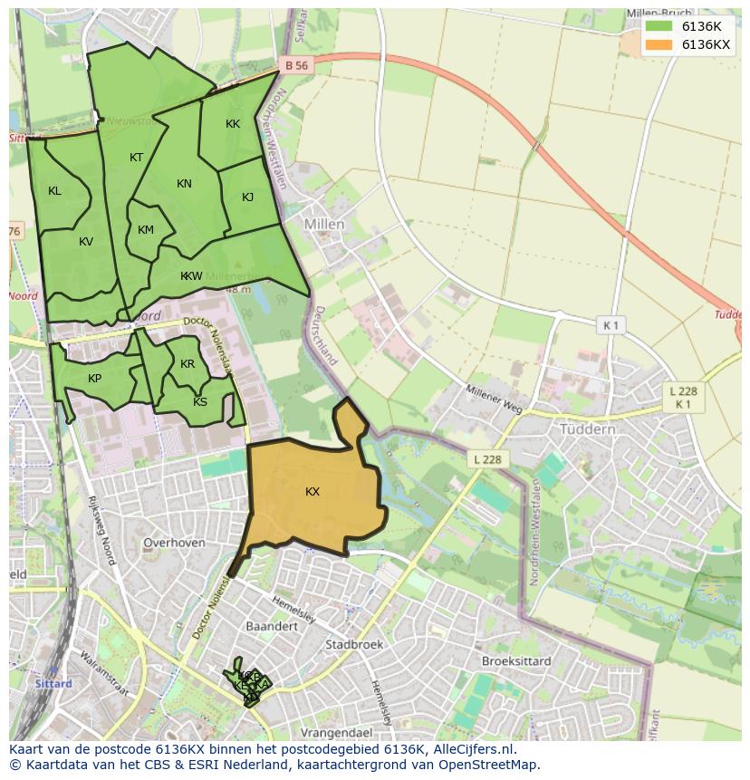 Afbeelding van het postcodegebied 6136 KX op de kaart.