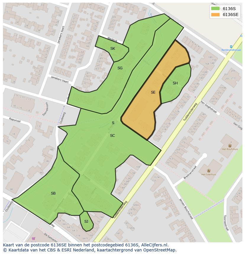 Afbeelding van het postcodegebied 6136 SE op de kaart.