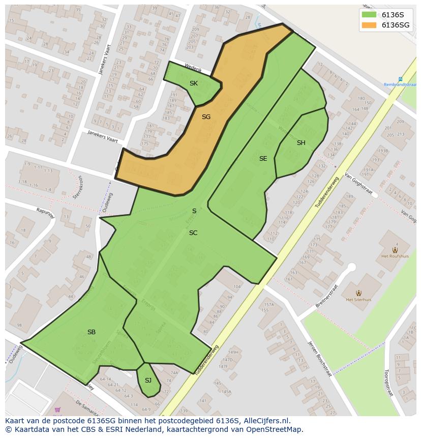 Afbeelding van het postcodegebied 6136 SG op de kaart.