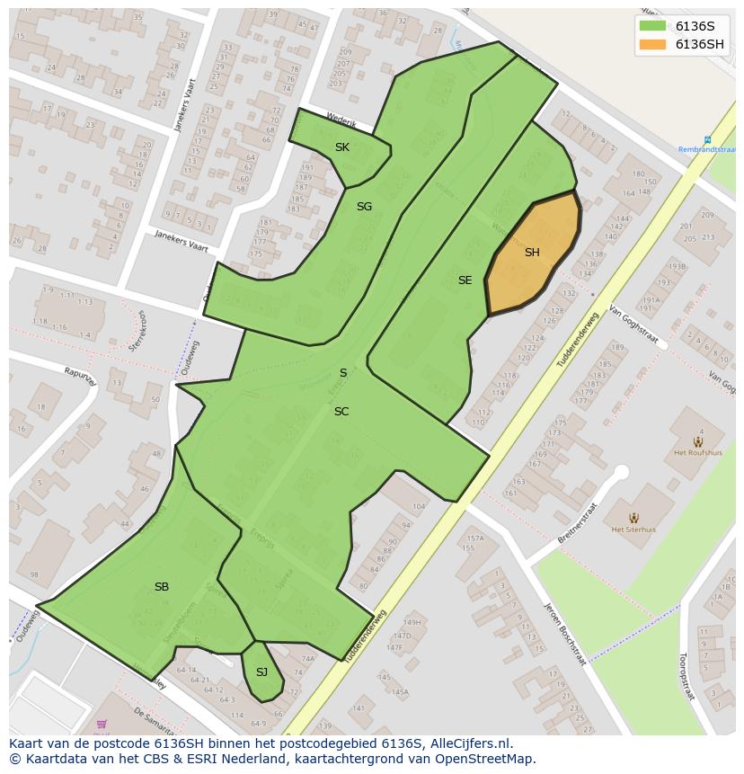 Afbeelding van het postcodegebied 6136 SH op de kaart.