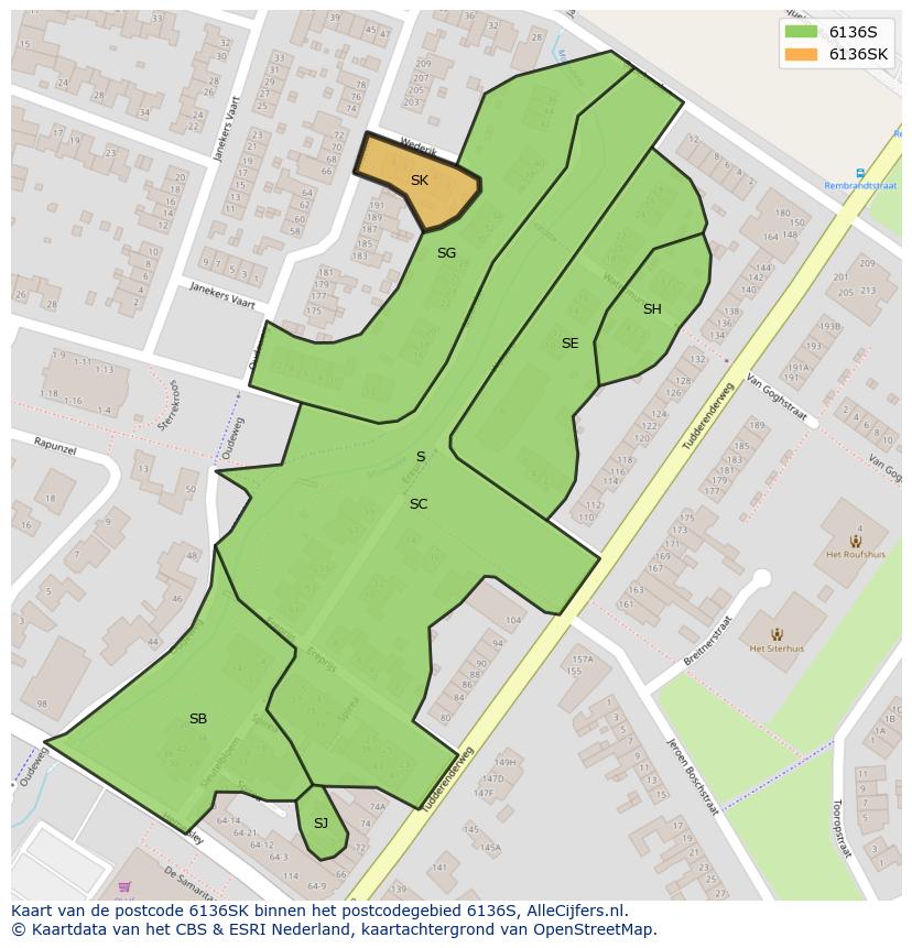 Afbeelding van het postcodegebied 6136 SK op de kaart.