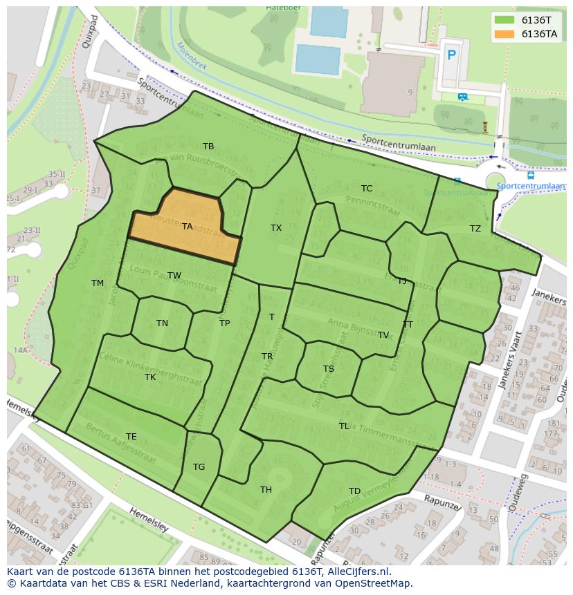 Afbeelding van het postcodegebied 6136 TA op de kaart.