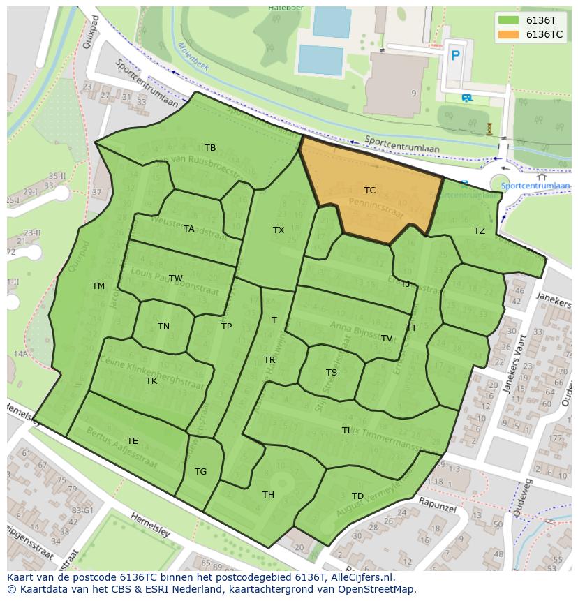 Afbeelding van het postcodegebied 6136 TC op de kaart.