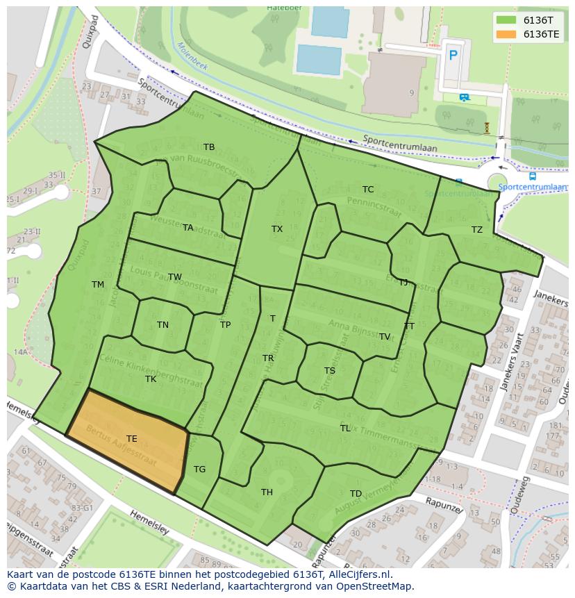 Afbeelding van het postcodegebied 6136 TE op de kaart.