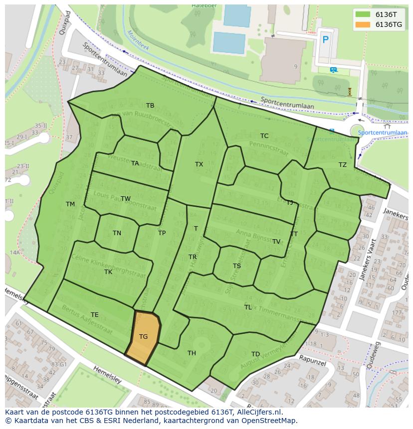 Afbeelding van het postcodegebied 6136 TG op de kaart.