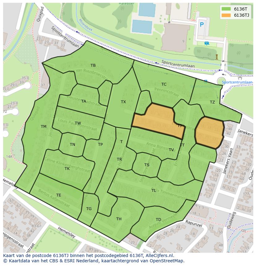 Afbeelding van het postcodegebied 6136 TJ op de kaart.