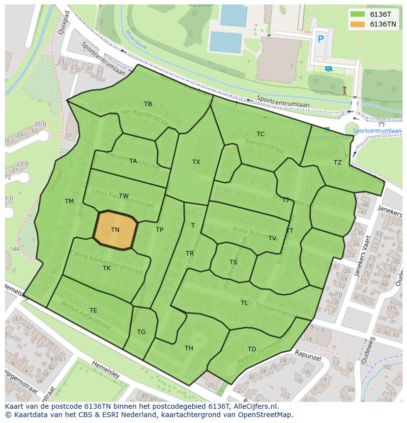 Afbeelding van het postcodegebied 6136 TN op de kaart.