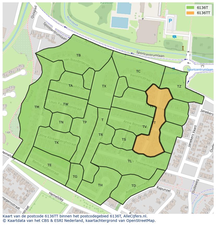 Afbeelding van het postcodegebied 6136 TT op de kaart.