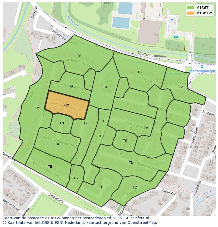 Afbeelding van het postcodegebied 6136 TW op de kaart.