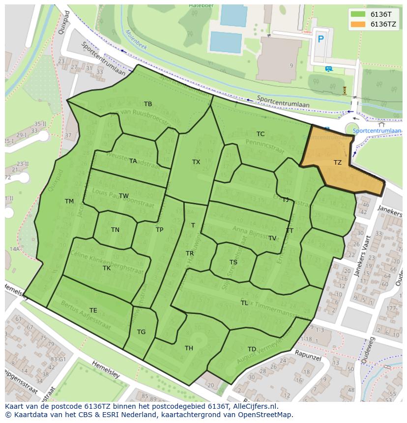 Afbeelding van het postcodegebied 6136 TZ op de kaart.