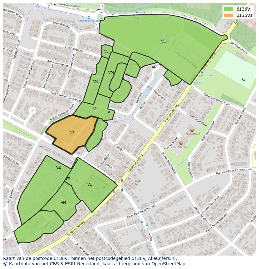 Afbeelding van het postcodegebied 6136 VJ op de kaart.