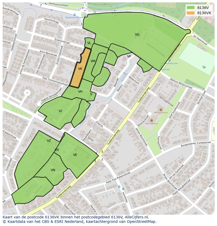 Afbeelding van het postcodegebied 6136 VK op de kaart.