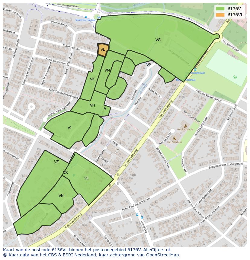Afbeelding van het postcodegebied 6136 VL op de kaart.
