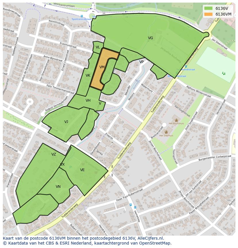 Afbeelding van het postcodegebied 6136 VM op de kaart.