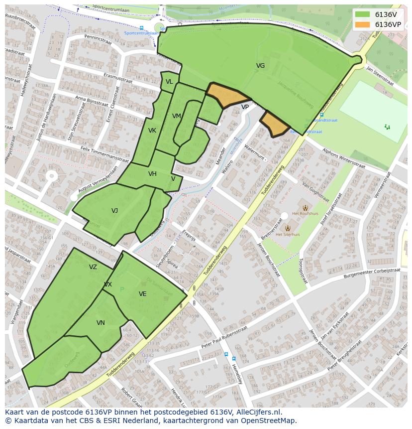 Afbeelding van het postcodegebied 6136 VP op de kaart.