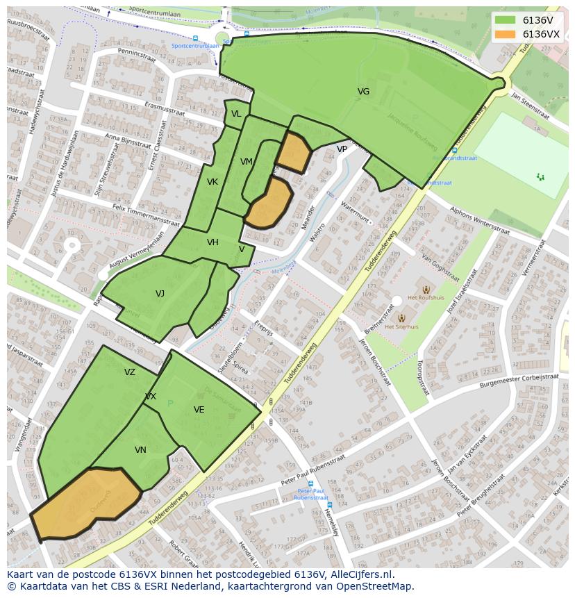 Afbeelding van het postcodegebied 6136 VX op de kaart.