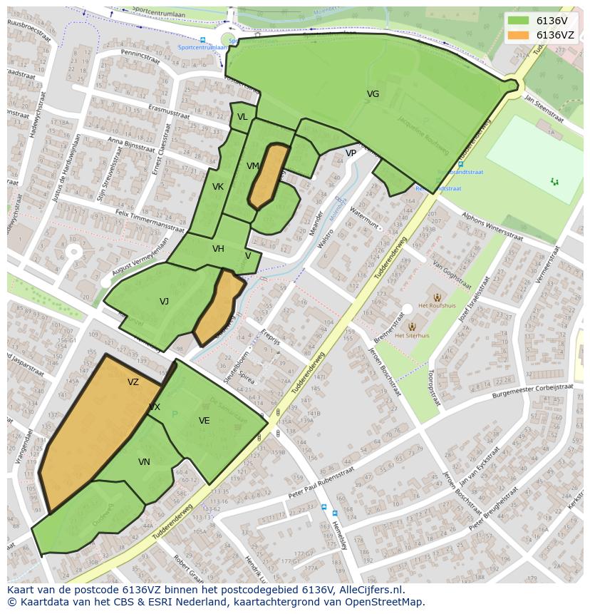 Afbeelding van het postcodegebied 6136 VZ op de kaart.