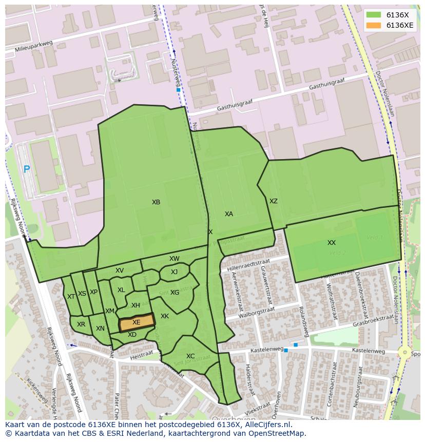 Afbeelding van het postcodegebied 6136 XE op de kaart.