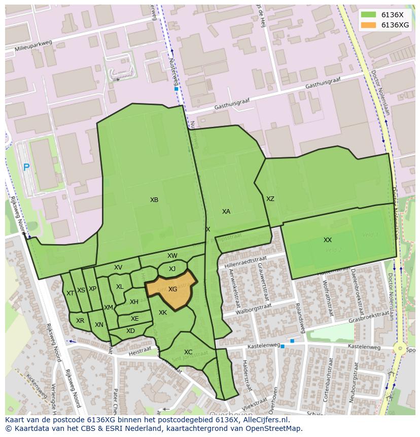 Afbeelding van het postcodegebied 6136 XG op de kaart.