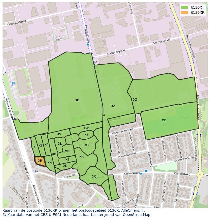 Afbeelding van het postcodegebied 6136 XR op de kaart.