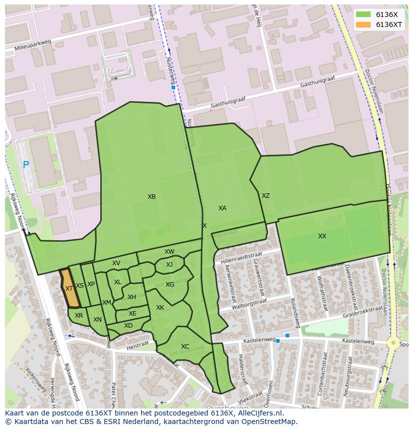 Afbeelding van het postcodegebied 6136 XT op de kaart.
