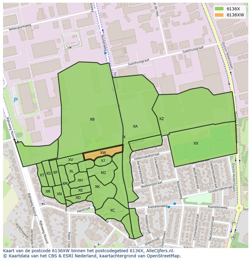 Afbeelding van het postcodegebied 6136 XW op de kaart.
