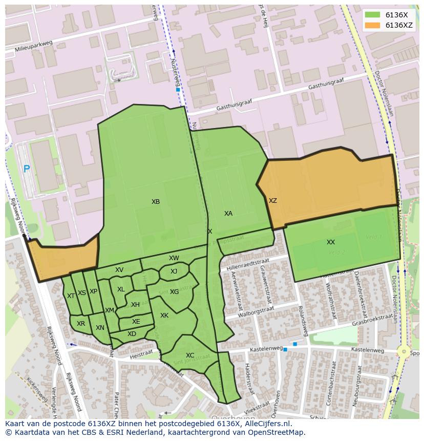 Afbeelding van het postcodegebied 6136 XZ op de kaart.