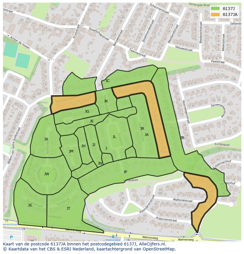 Afbeelding van het postcodegebied 6137 JA op de kaart.