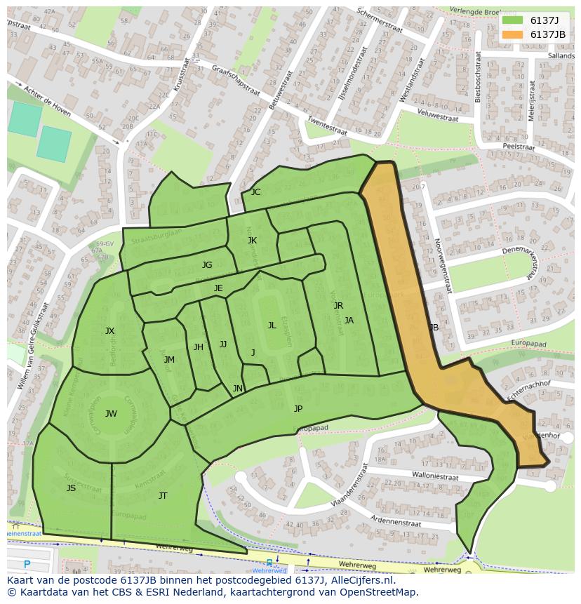 Afbeelding van het postcodegebied 6137 JB op de kaart.