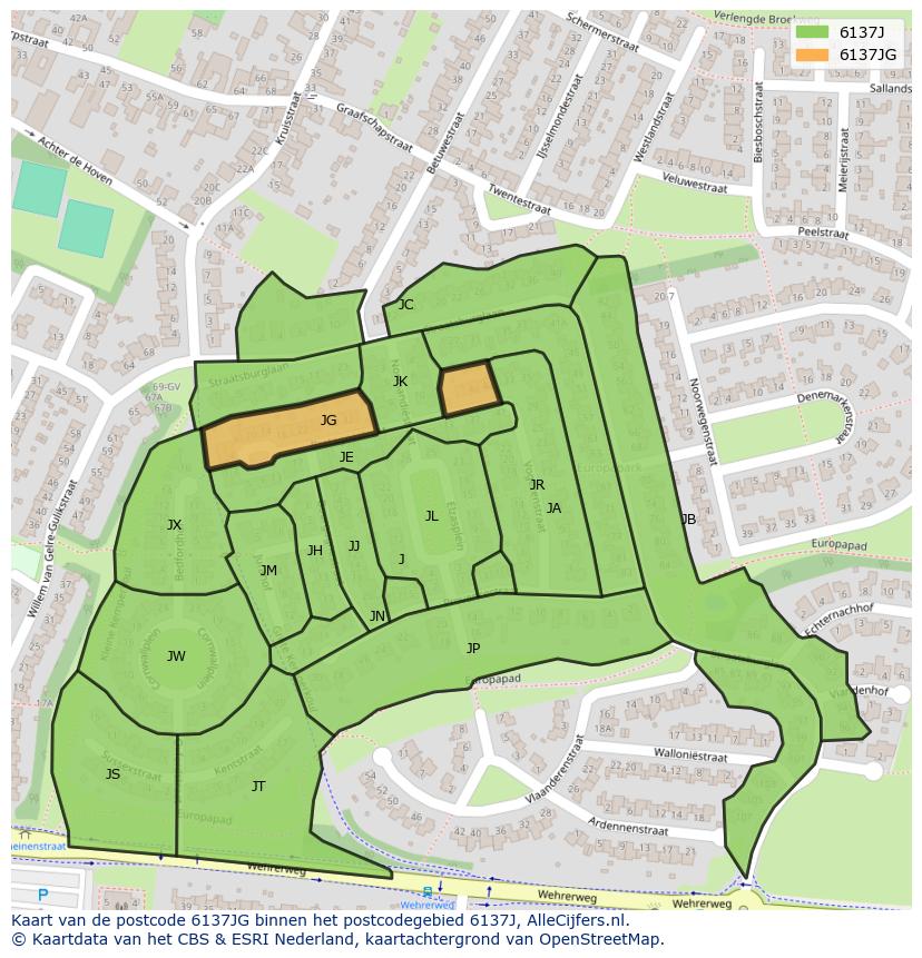 Afbeelding van het postcodegebied 6137 JG op de kaart.