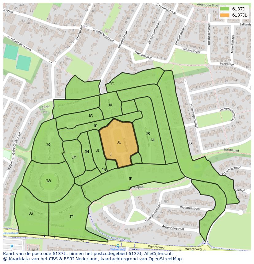 Afbeelding van het postcodegebied 6137 JL op de kaart.