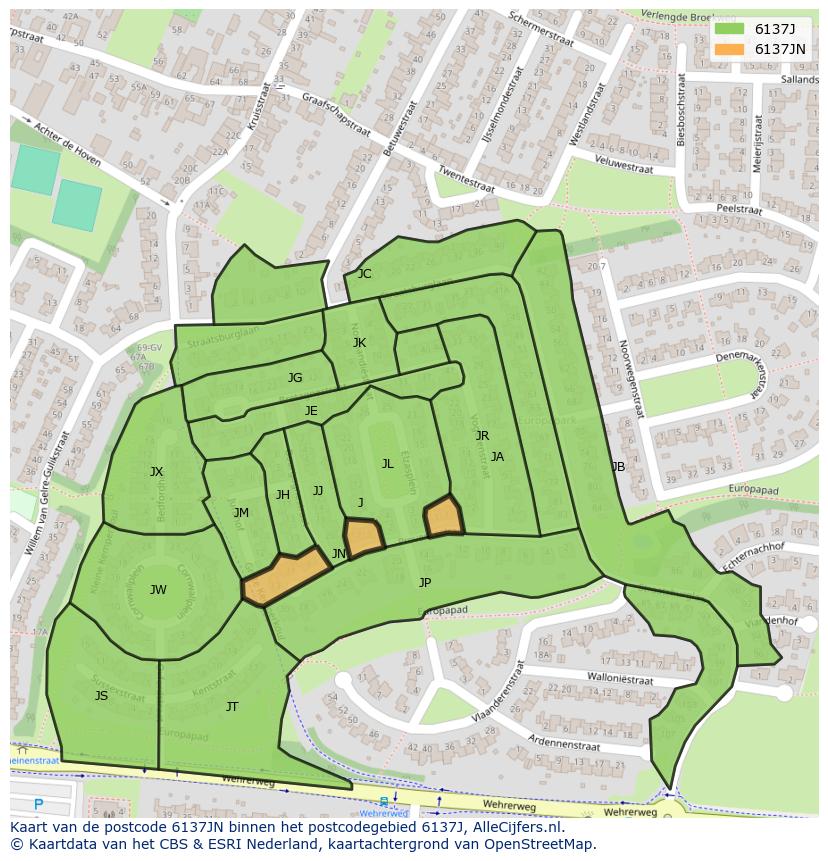 Afbeelding van het postcodegebied 6137 JN op de kaart.