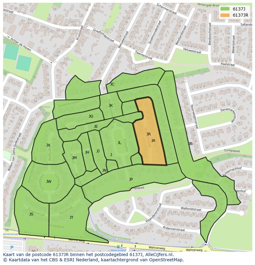 Afbeelding van het postcodegebied 6137 JR op de kaart.