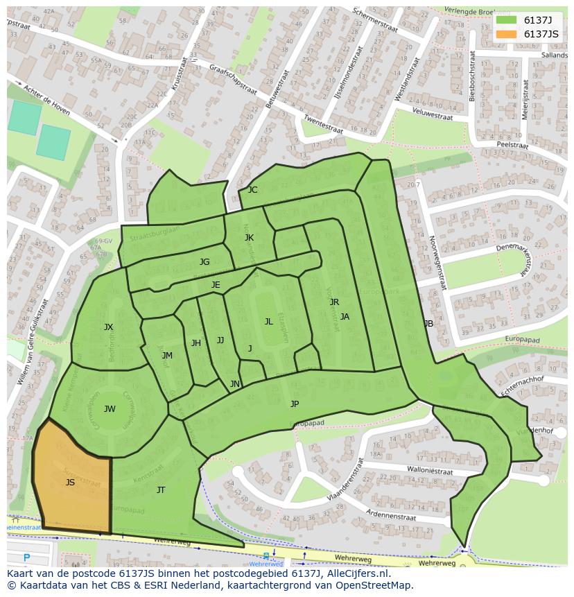 Afbeelding van het postcodegebied 6137 JS op de kaart.