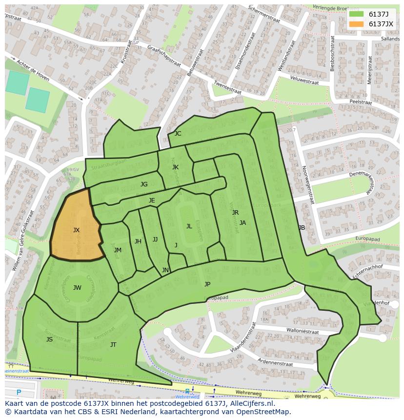 Afbeelding van het postcodegebied 6137 JX op de kaart.