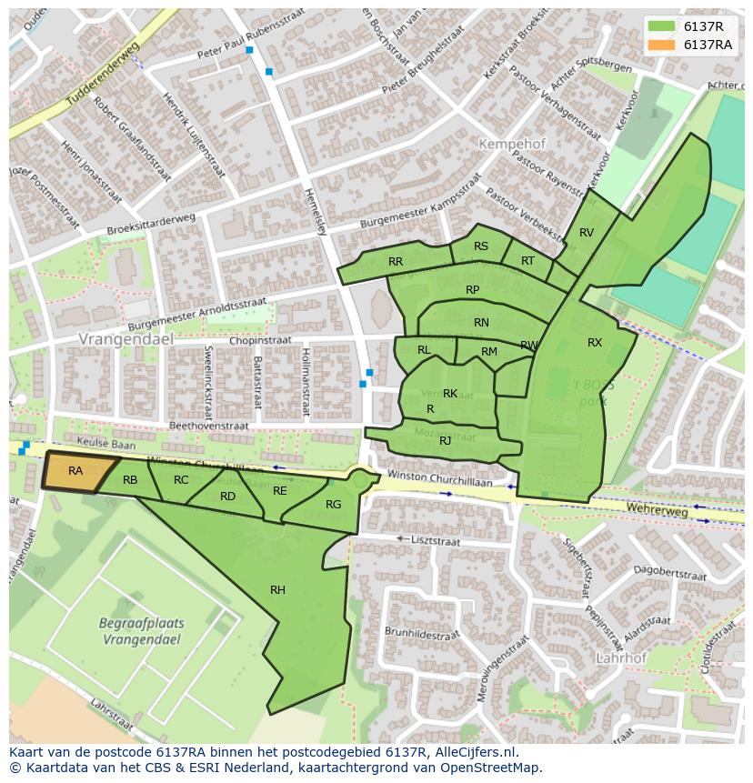 Afbeelding van het postcodegebied 6137 RA op de kaart.