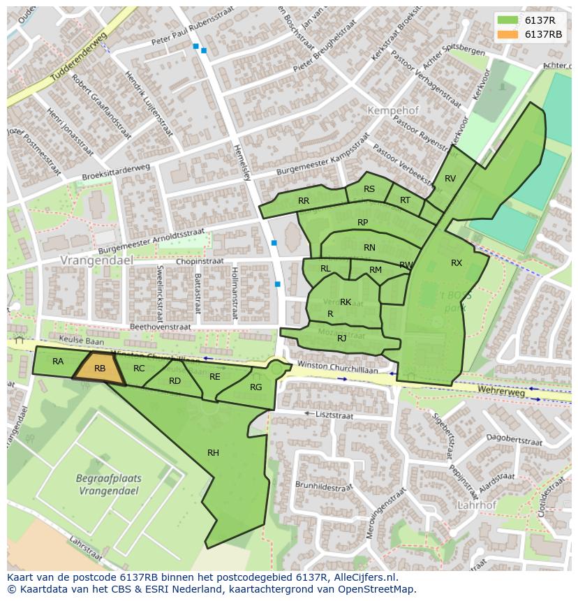 Afbeelding van het postcodegebied 6137 RB op de kaart.