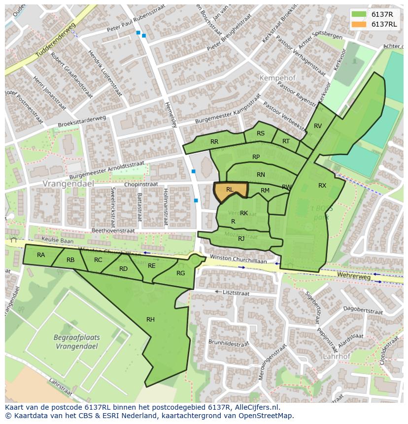 Afbeelding van het postcodegebied 6137 RL op de kaart.
