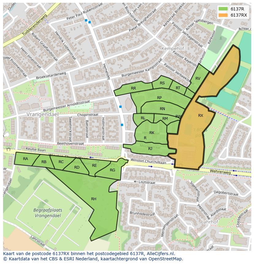 Afbeelding van het postcodegebied 6137 RX op de kaart.