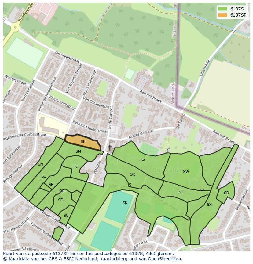 Afbeelding van het postcodegebied 6137 SP op de kaart.