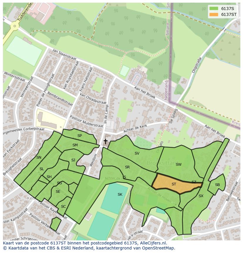 Afbeelding van het postcodegebied 6137 ST op de kaart.