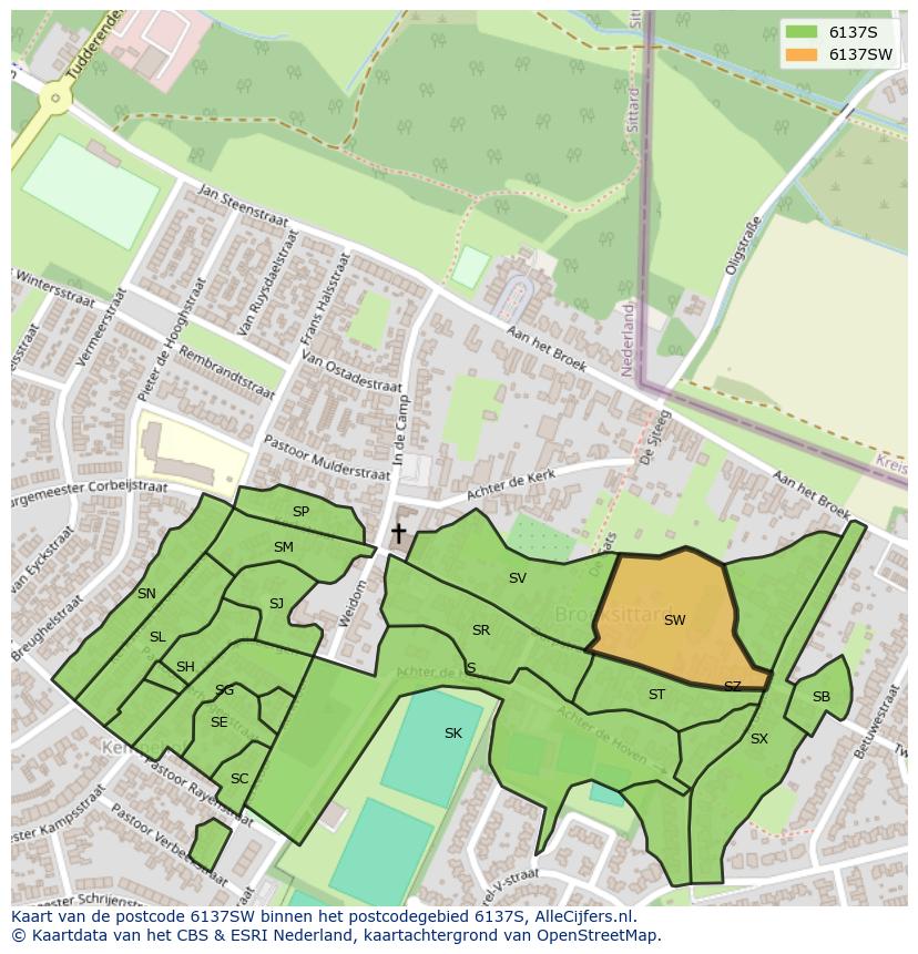 Afbeelding van het postcodegebied 6137 SW op de kaart.