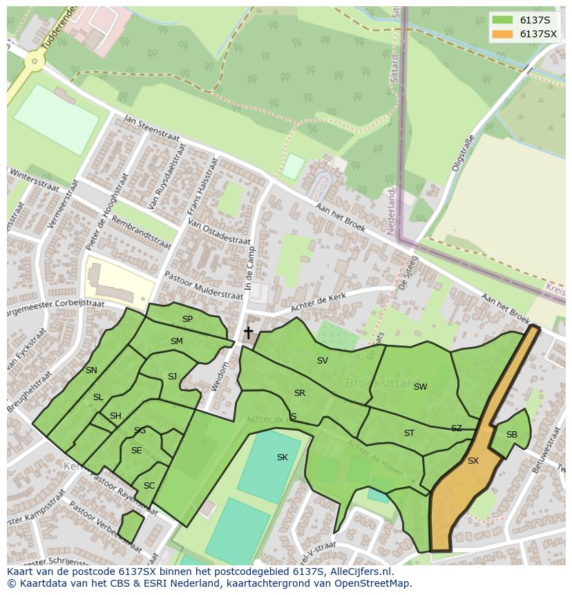 Afbeelding van het postcodegebied 6137 SX op de kaart.