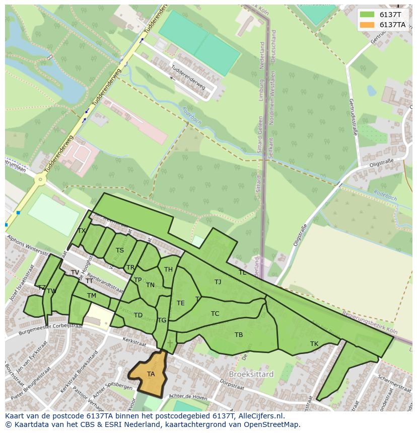Afbeelding van het postcodegebied 6137 TA op de kaart.