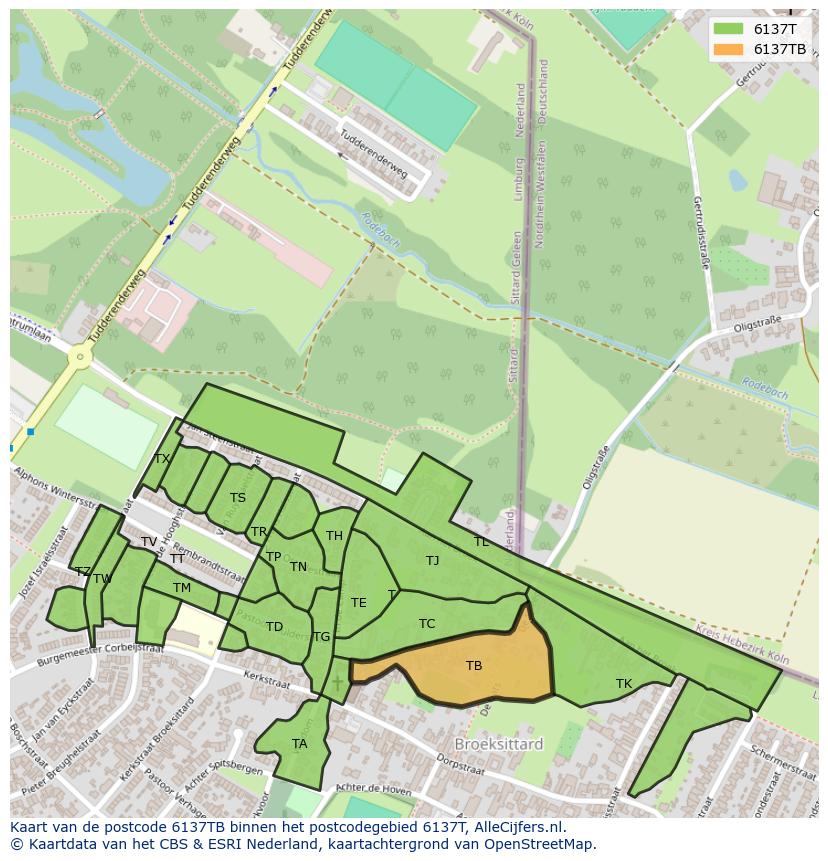 Afbeelding van het postcodegebied 6137 TB op de kaart.
