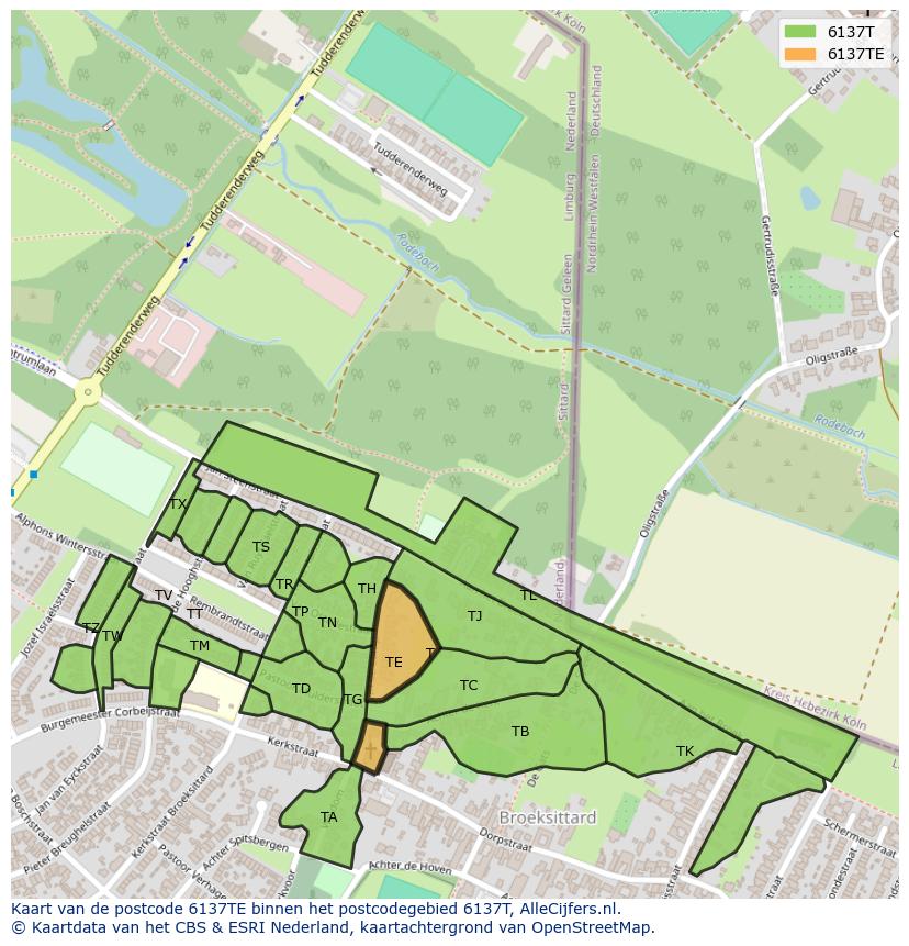Afbeelding van het postcodegebied 6137 TE op de kaart.