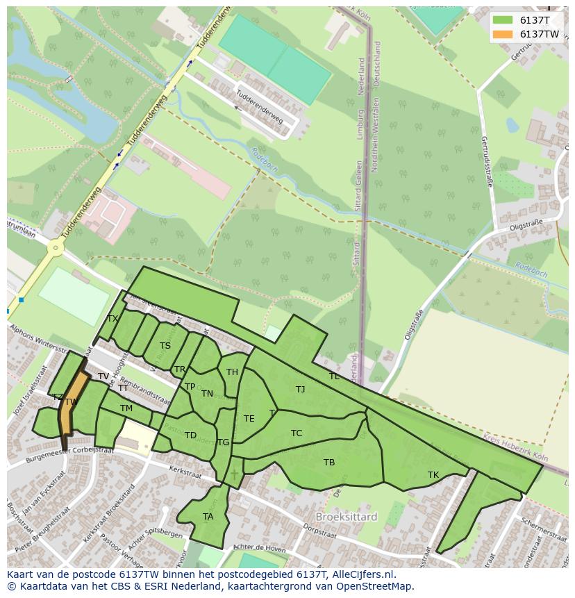 Afbeelding van het postcodegebied 6137 TW op de kaart.