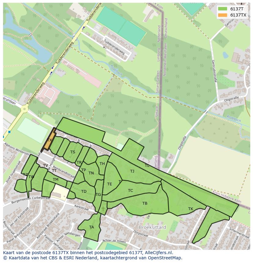 Afbeelding van het postcodegebied 6137 TX op de kaart.